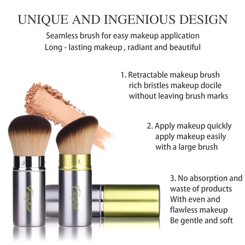 Easyhut Retractable Kabuki Makeup Brushes 2 Pcs Blush Brushes Set Portable Powder Brushes with Flat and Angled Top for Liquid Cream Cosmetics Travel, large/1.18inch(Silver Green) - Image 4